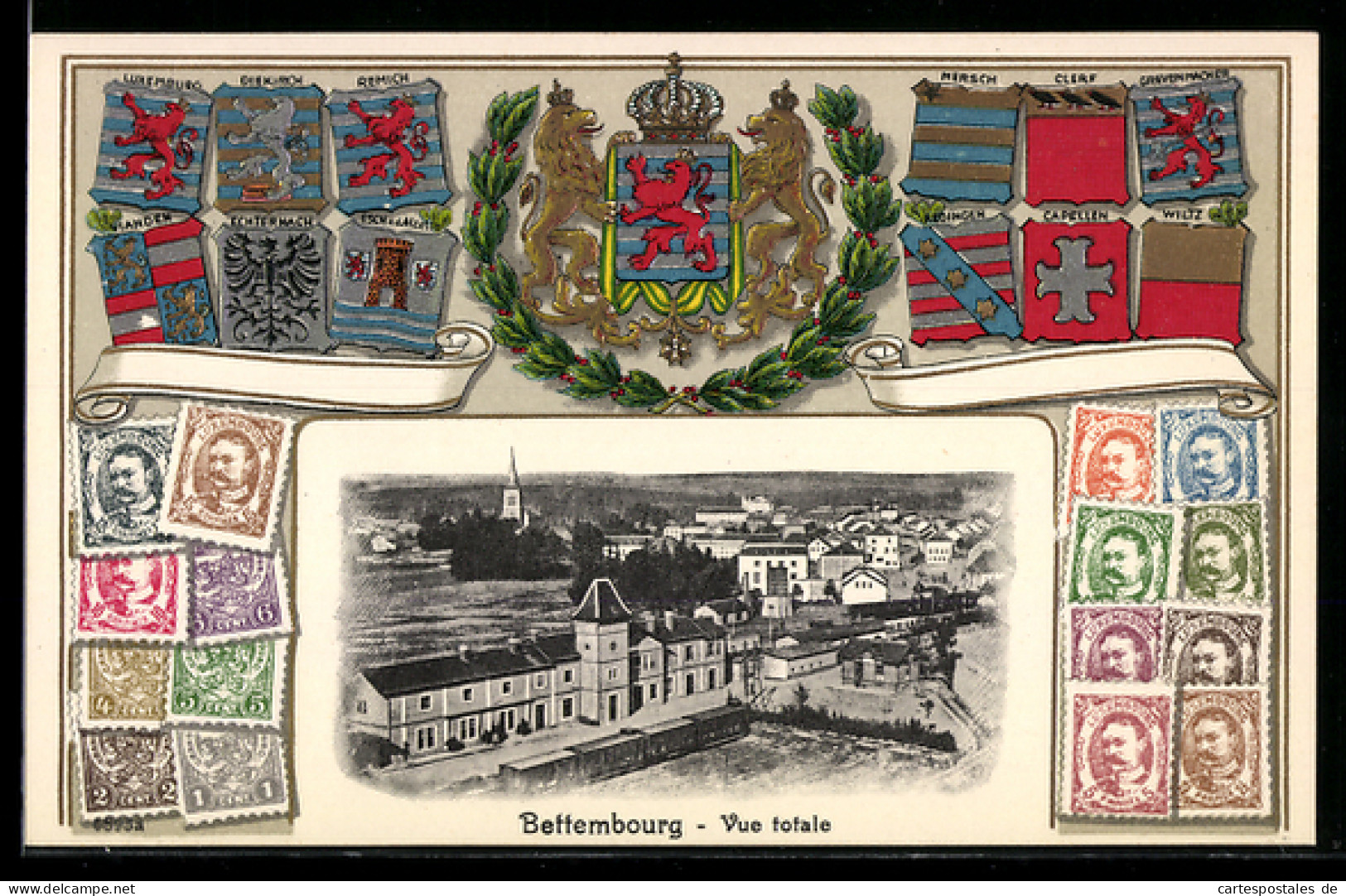 AK Bettembourg, Bahnhof, Briefmarken, Wappen