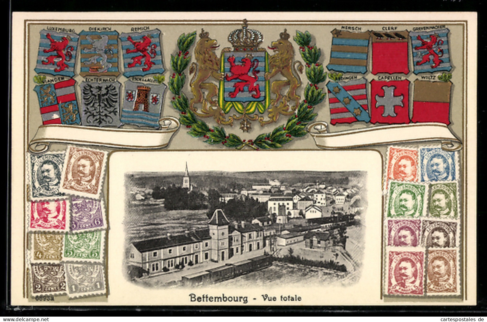 AK Bettembourg, Bahnhof, Briefmarken, Wappen