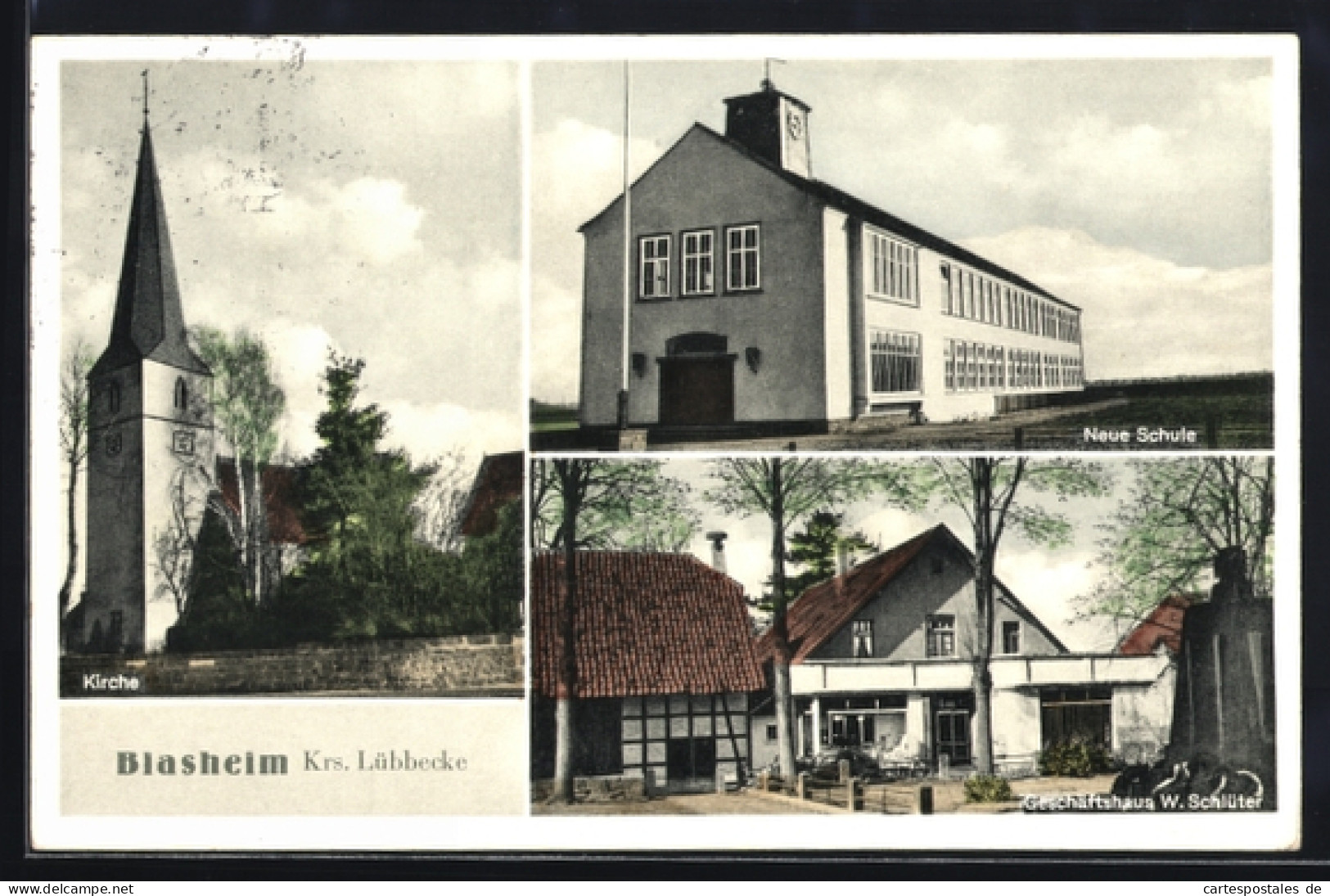 AK Blasheim /Krs. Lübbecke, Geschäftshaus W. Schlüter, Kirche, Neue Schule