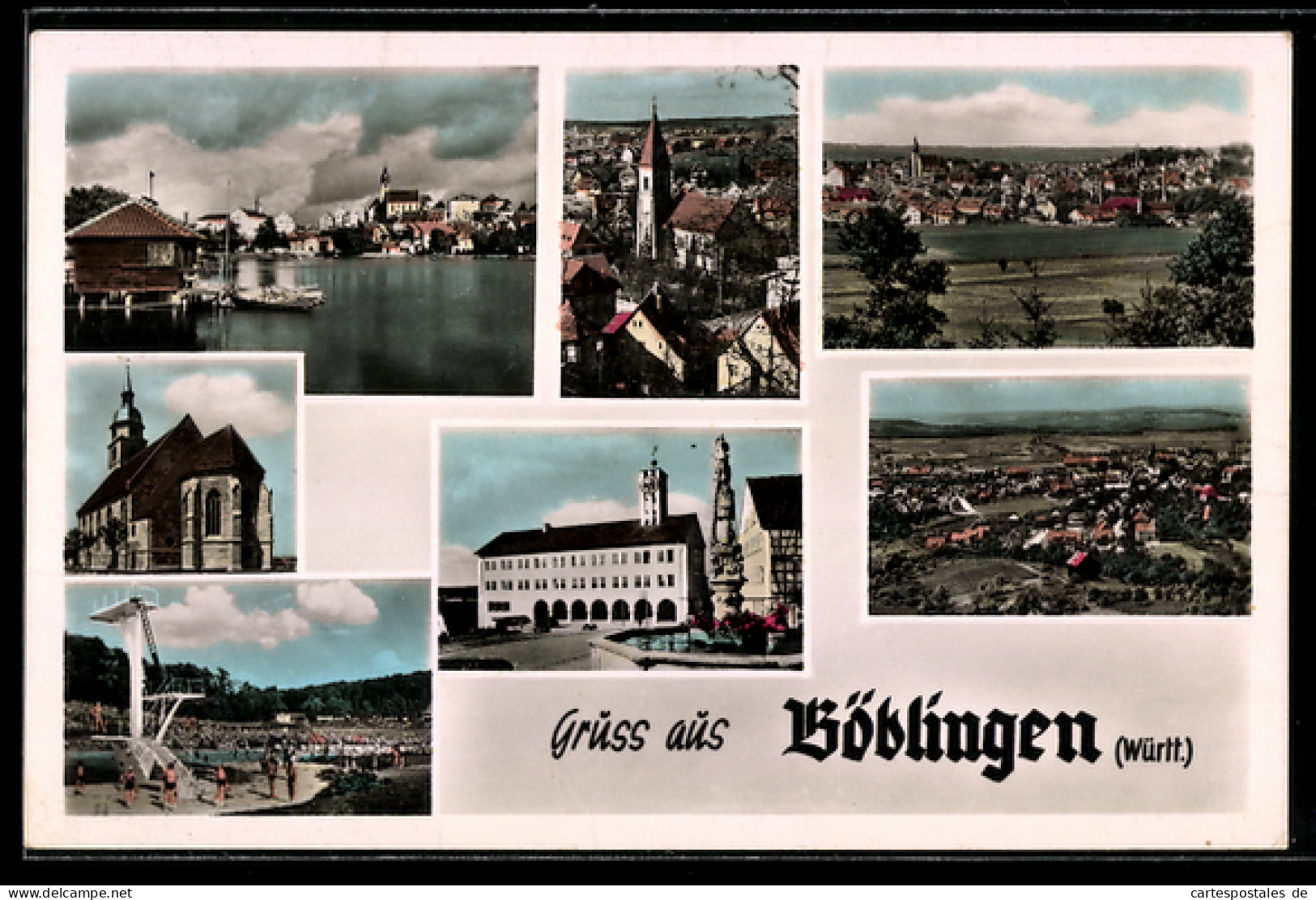 AK Böblingen /Württ., Kirche, See, Schwimmbad