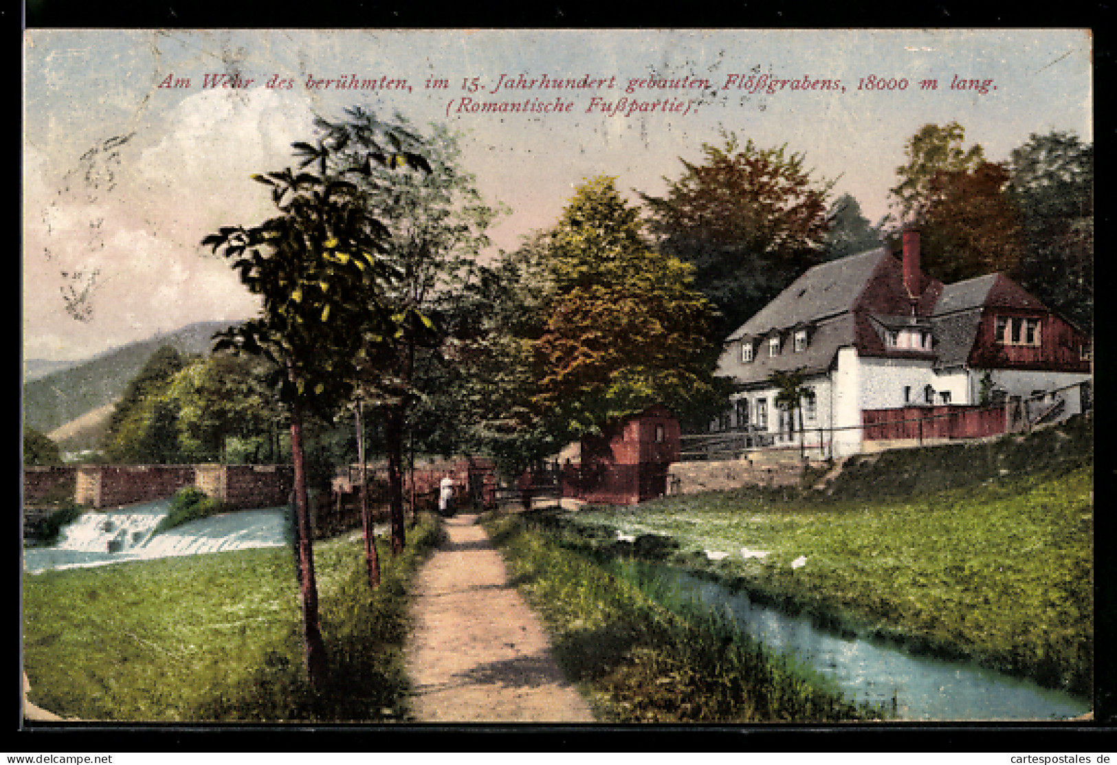 AK Bockau, Wehr am Flössgraben, romantische Flusspartie