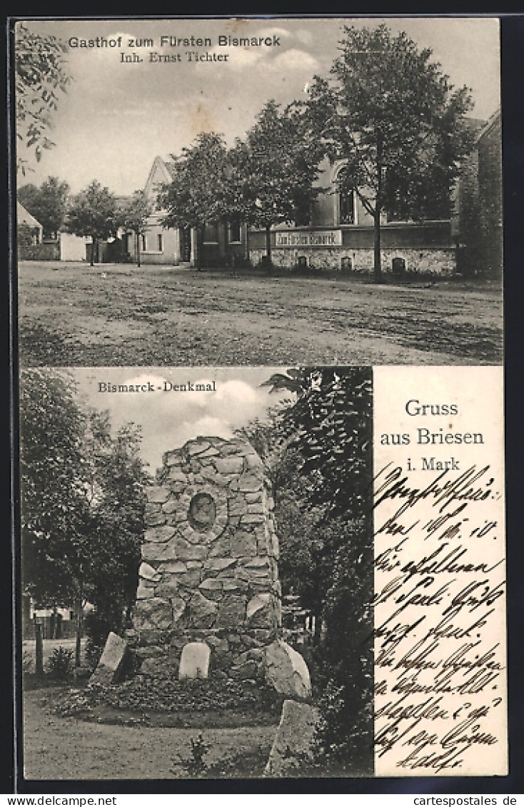 AK Briesen i. Mark, Gasthof zum Fürsten Bismarck, Inh. Ernst Tichter, Bismarck-Denkmal