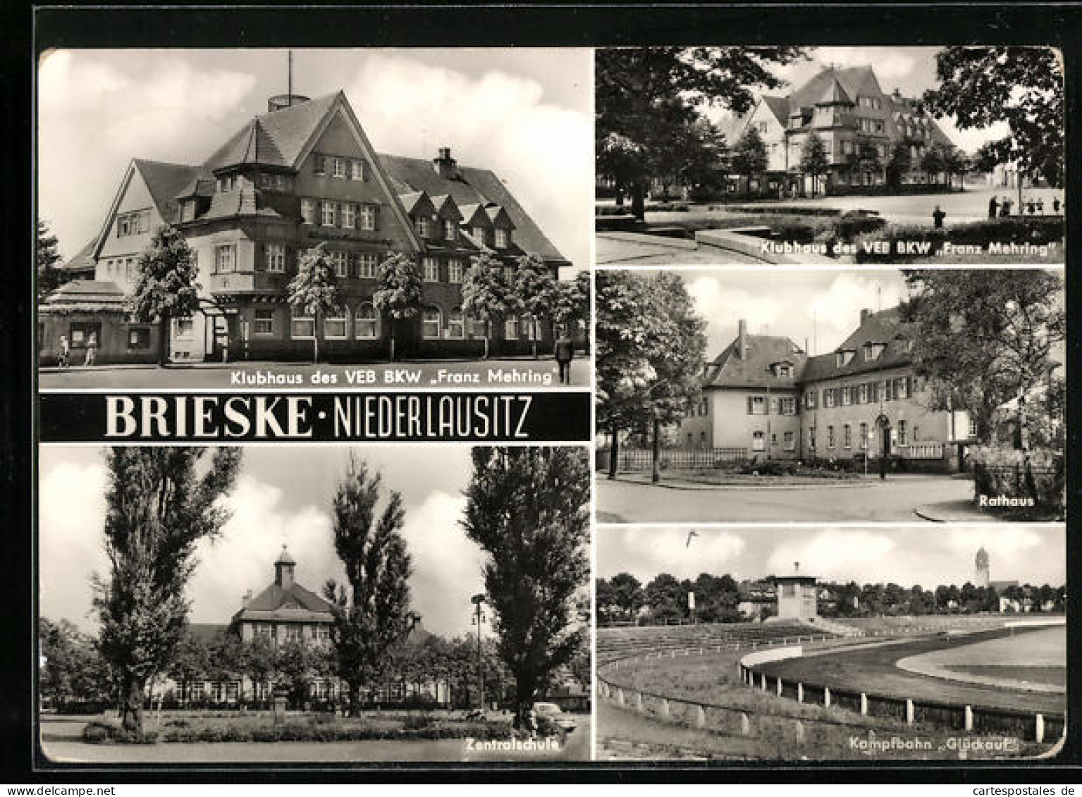 AK Brieske i. Niederlausitz, Rathaus, Kampfbahn Glückauf, Klubhaus des VEB BKW Franz Mehring