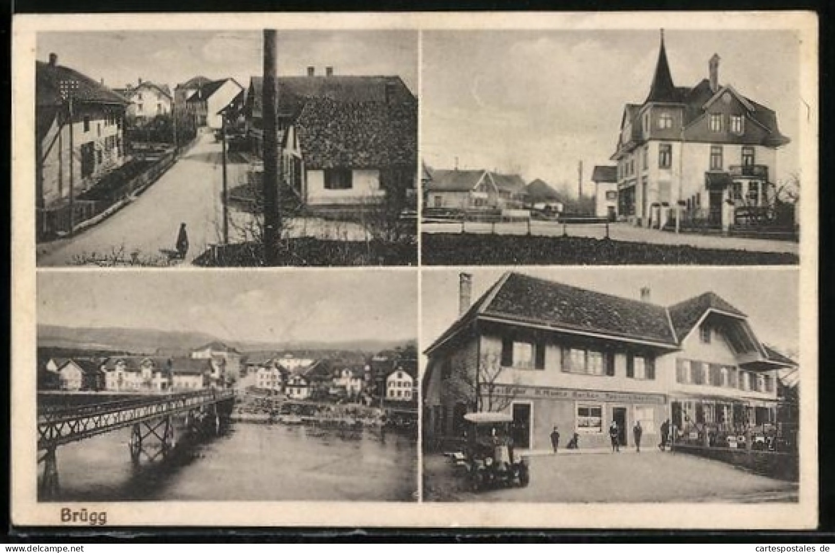 AK Brügg, Spezereihandlung, Flusspartie mit Brücke, Ortspartie