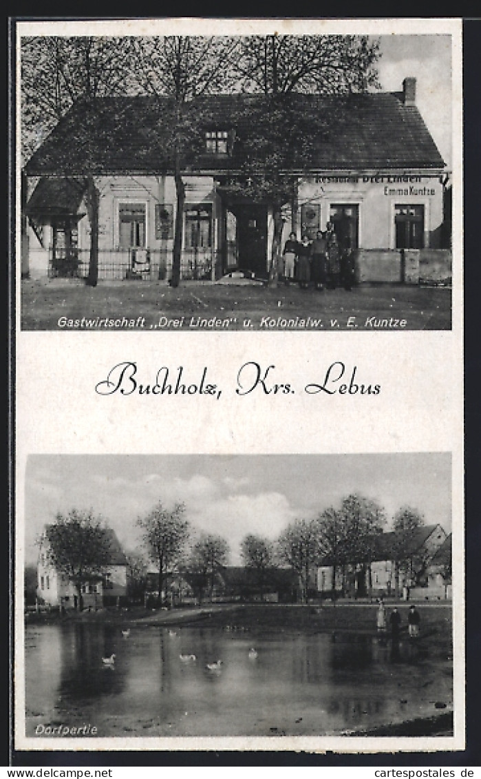 AK Buchholz /Lebus, Gastwirtschaft Drei Linden u. Kolonialwaren v. E. Kuntze