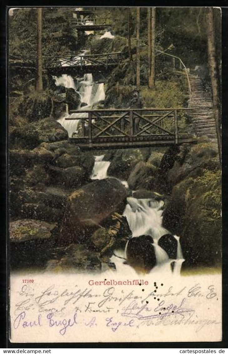 AK Bühlertal, Gertelbachfälle, Wanderer auf einer Brücke