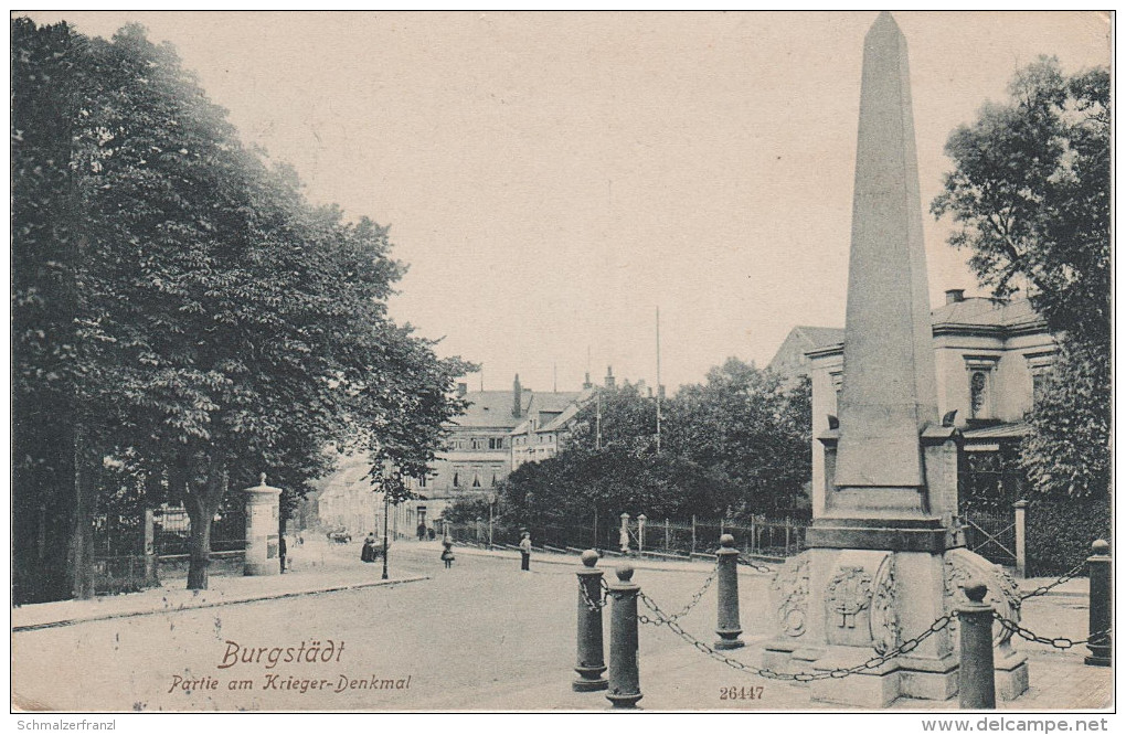 AK Burgstädt Stempel Partie Kriegerdenkmal Nähe Postamt Herrenstrasse bei Chemnitz Markersdorf Mühlau Hartmannsdorf