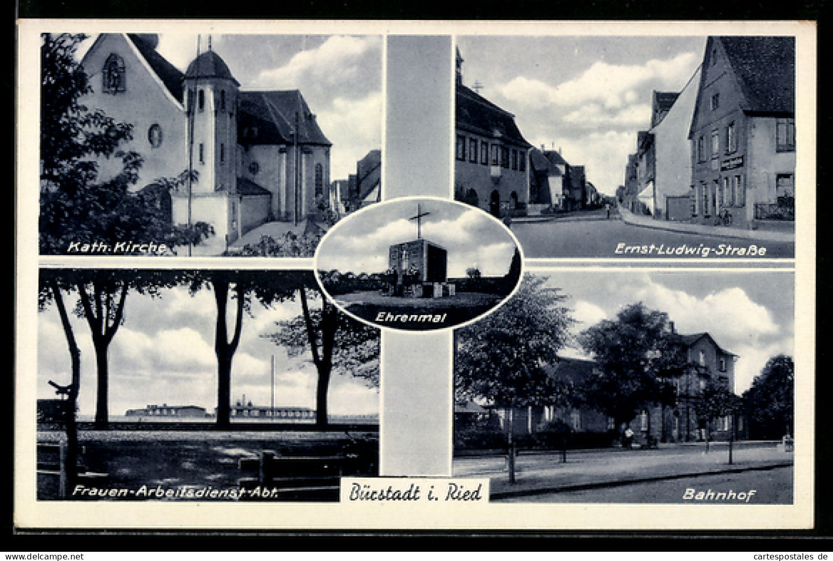 AK Bürstadt i. Ried, Katholische Kirche, Ehrenmal und Bahnhof