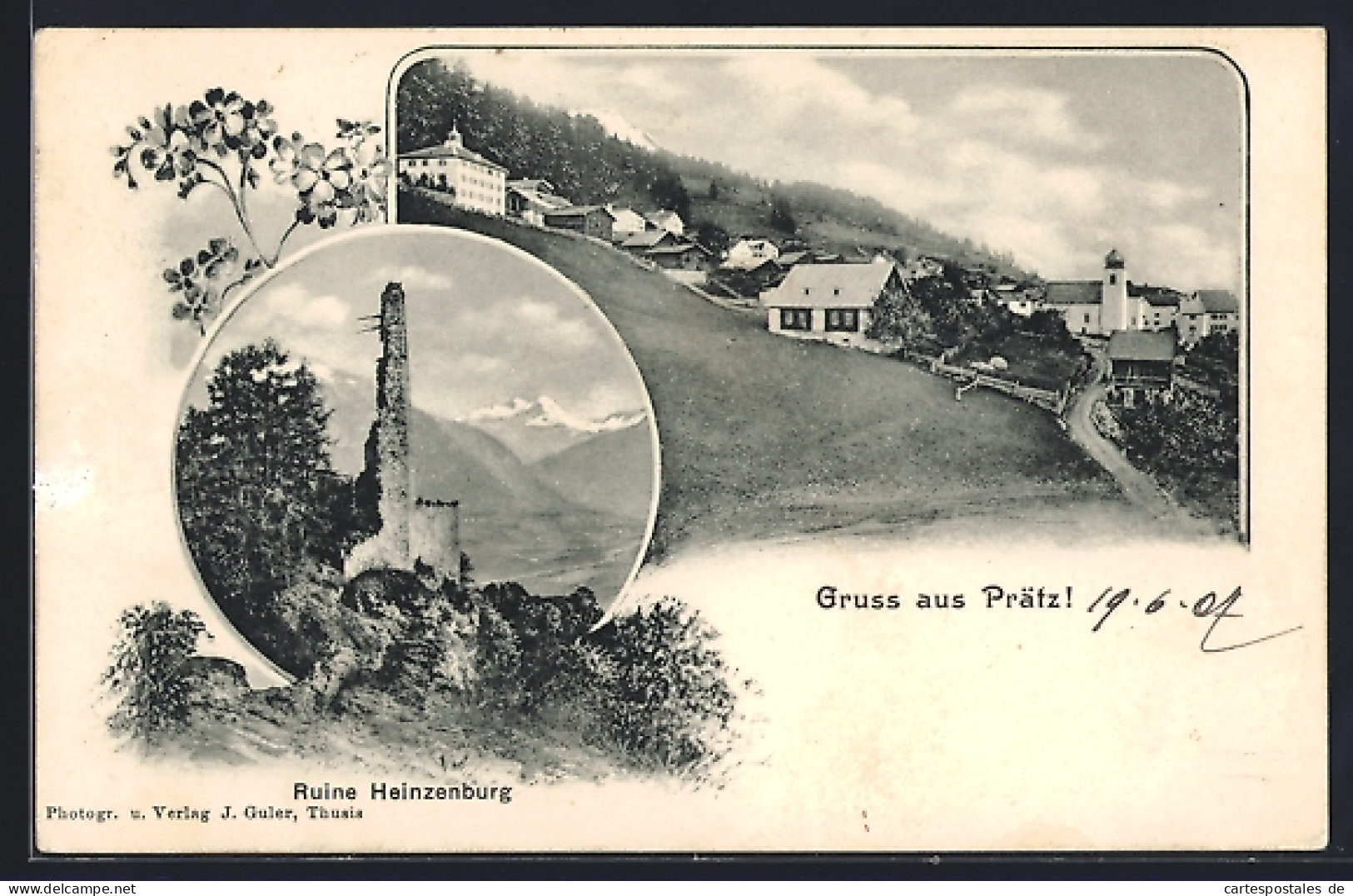 AK Cazis, Gruss aus Präz, Ruine Heinzenburg und Ortsansicht