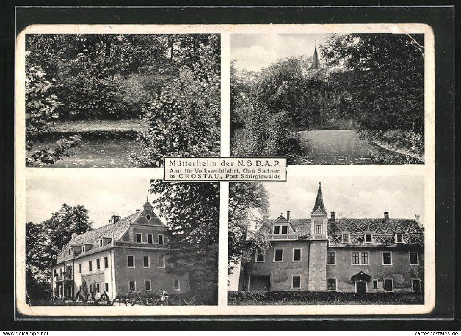 AK Crostau, Mütterheim der N. S. D. A. P., Gebäudeansicht, Uferpartie