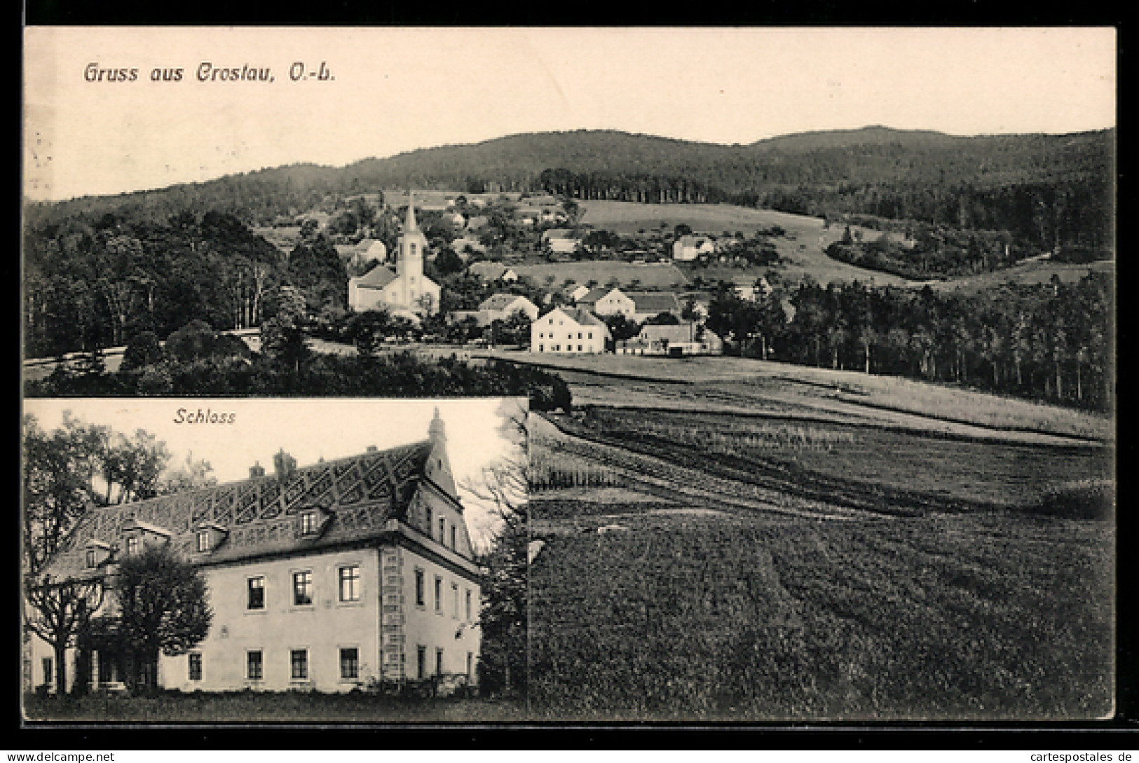 AK Crostau /O.-L., Ortsansicht, Kirche, Schloss
