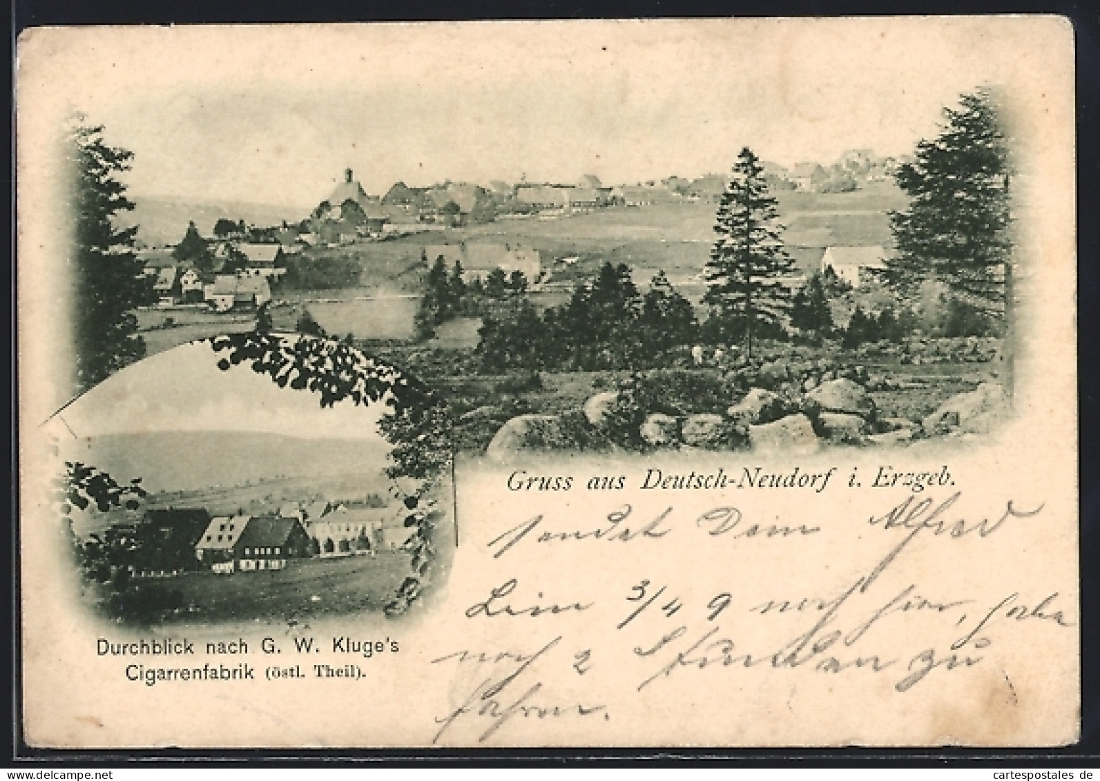 AK Deutsch-Neudorf i. Erzgeb., Cigarrenfrabrik von G. W. Kluge, Ortsansicht