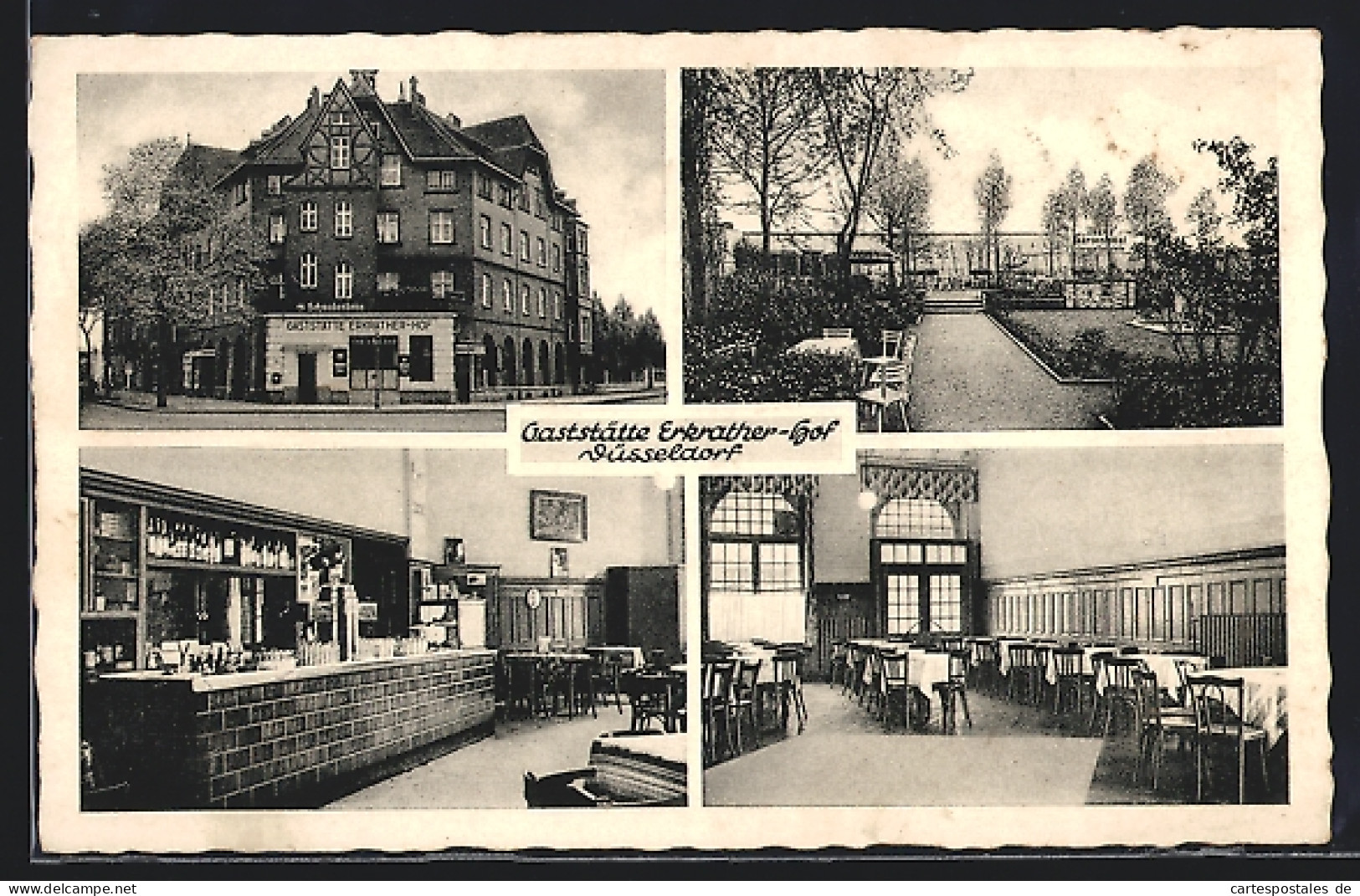 AK Düsseldorf, Gaststätte Erkrather-Hof von innen und aussen, Gartenansicht, Bes. Albert Arenz