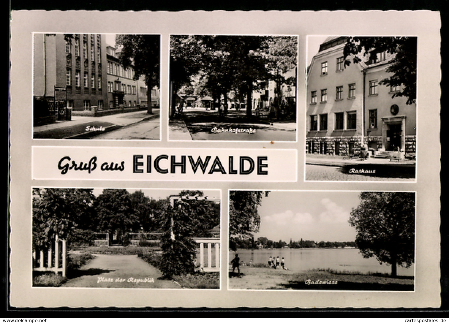 AK Eichwalde, Schule, Bahnhofstrasse, Rathaus, Platz der Republik, Badewiese