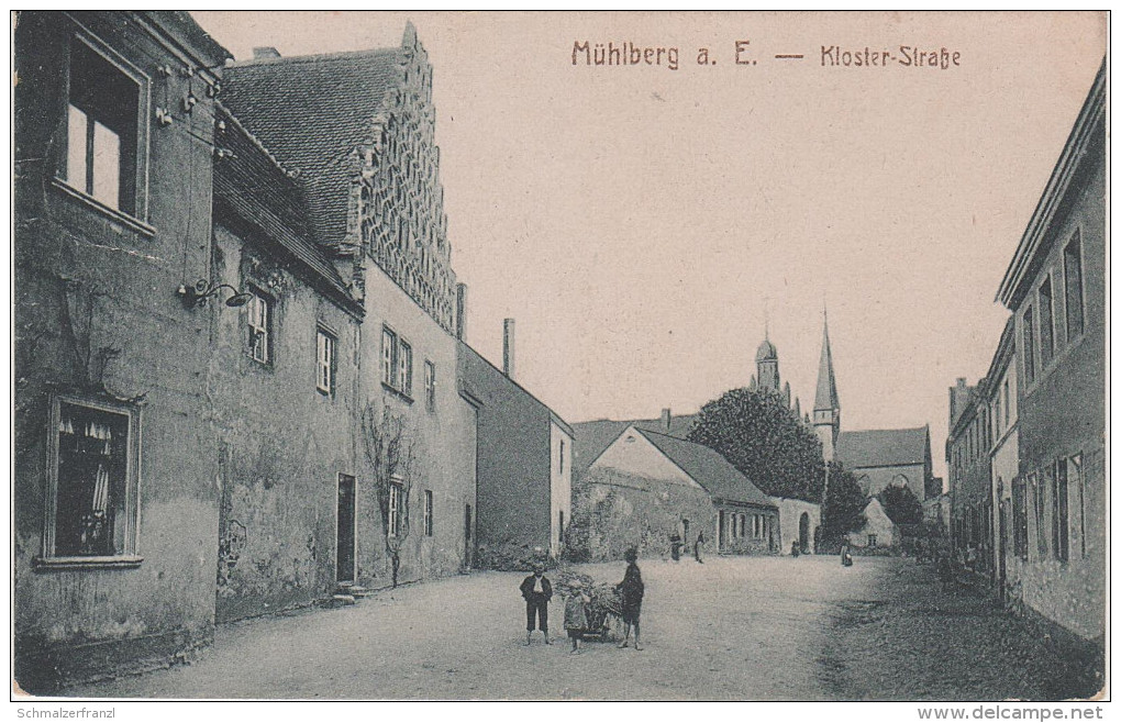 AK Elbe Mühlberg Kirche Kloster ? Klosterstrasse Kinder Laden ? bei Belgern Strehla Riesa Neuburxdorf Stempel Feldpost