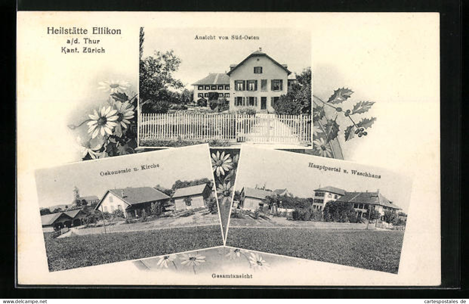 AK Ellikon a. d. Thur, Heilstätte, Ökonomie und Kirche, Ansicht von Süd-Osten, Hauptportal und Waschhaus