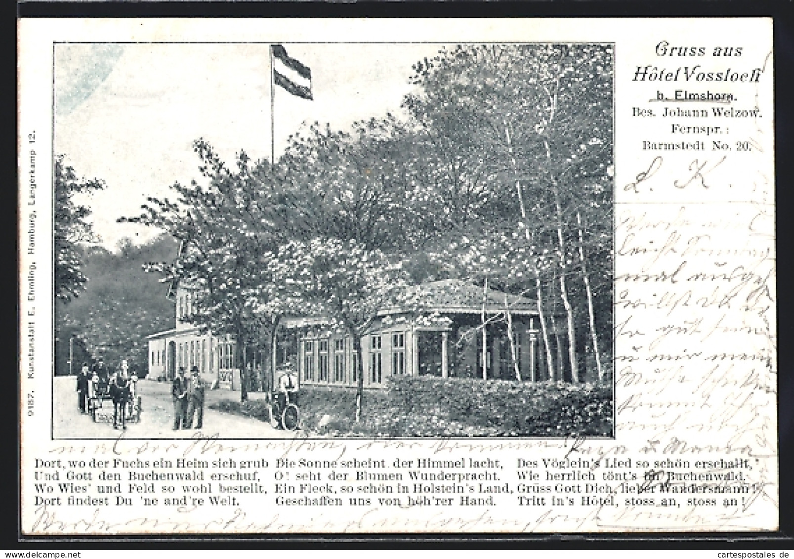 AK Elmshorn, Hotel Vossloch J. Welzow mit Strasse und Kutsche, Dame mit Fahrrad