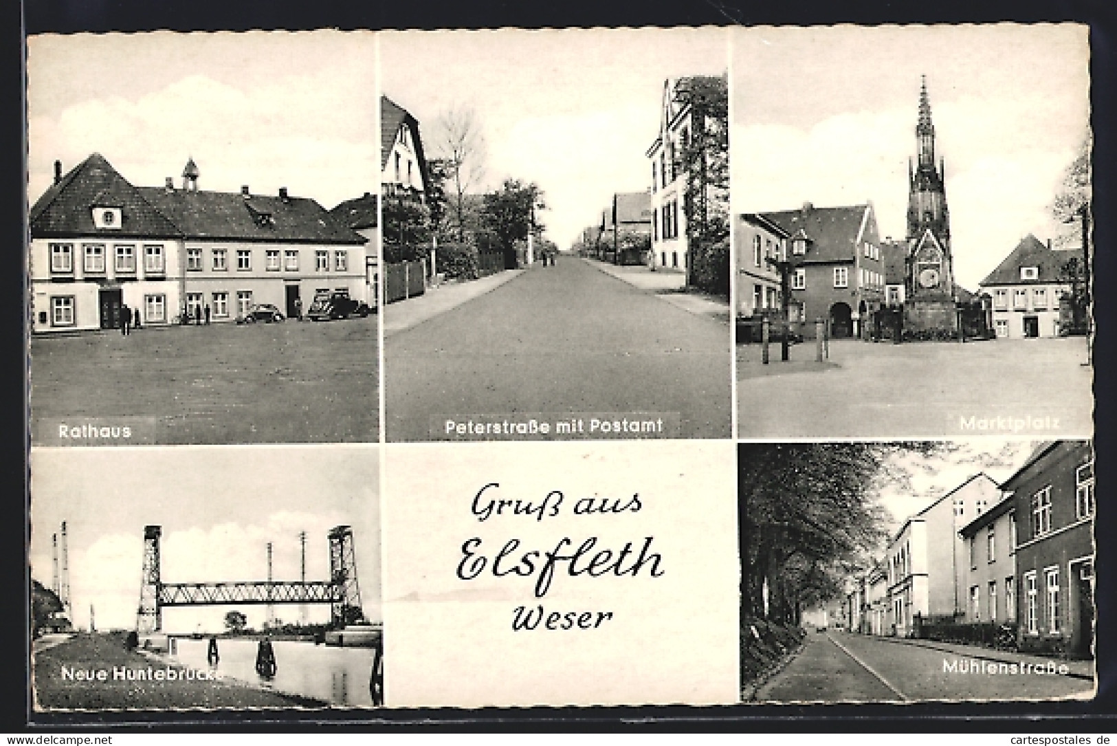 AK Elsfleth, Rathaus, Peterstrasse mit Postamt und Neue Huntebrücke