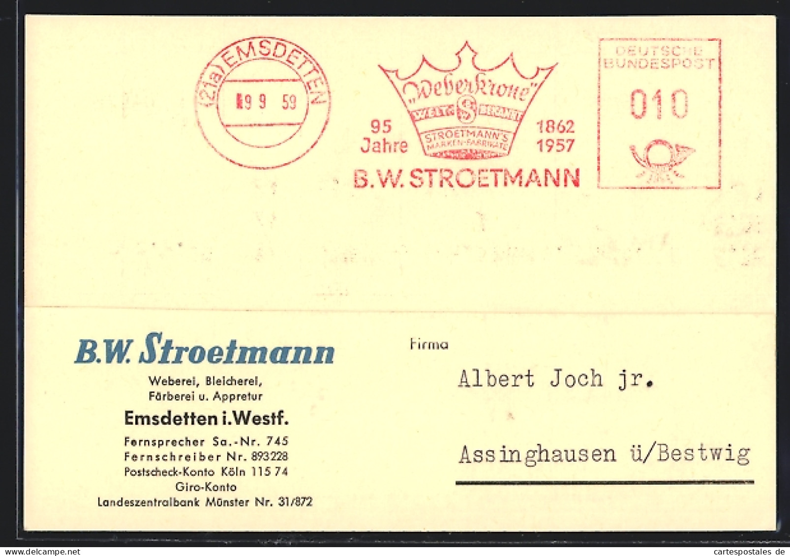 AK Emsdetten /Westf., B.W. Stroetmann Auftragsbestätigung Textilien