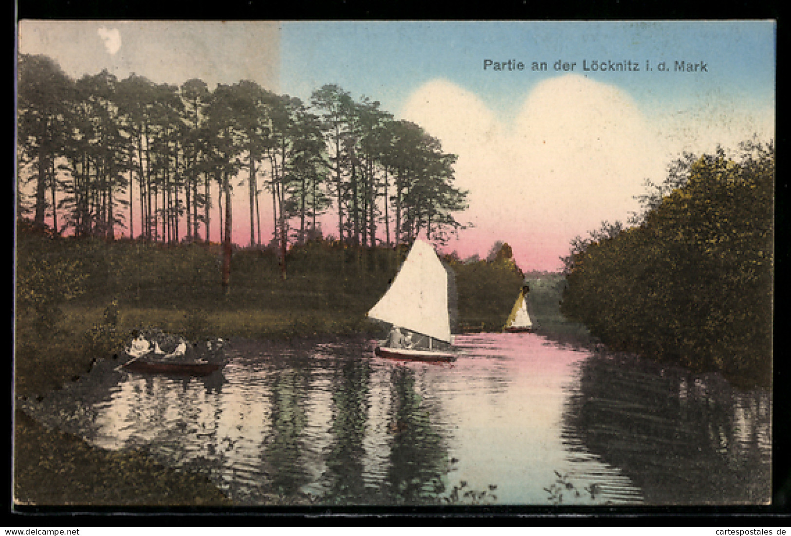 AK Erkner, Partie an der Löcknitz, Segelboot auf der Löcknitz