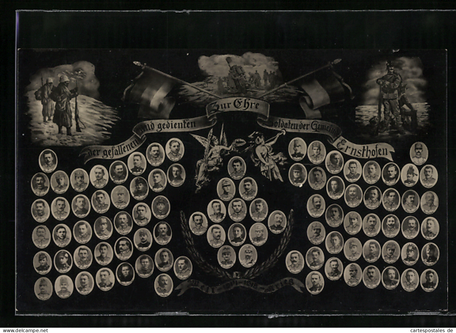 AK Ernsthofen, Gefallenentafel mit Portraits, Szenen im Felde, Flaggen