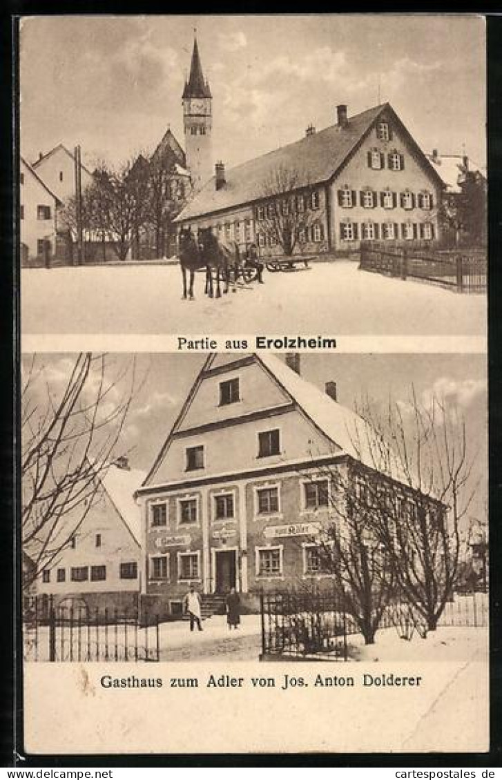 AK Erolzheim, Gasthaus zum Adler von Jos. Anton Dolderer, Partie an der Kirche im Winter