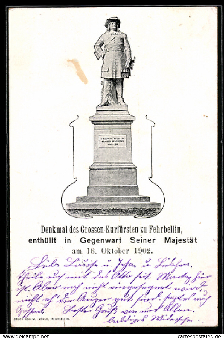 AK Fehrbellin, Denkmal des Grossen Kurfürsten, enthüllt 1902