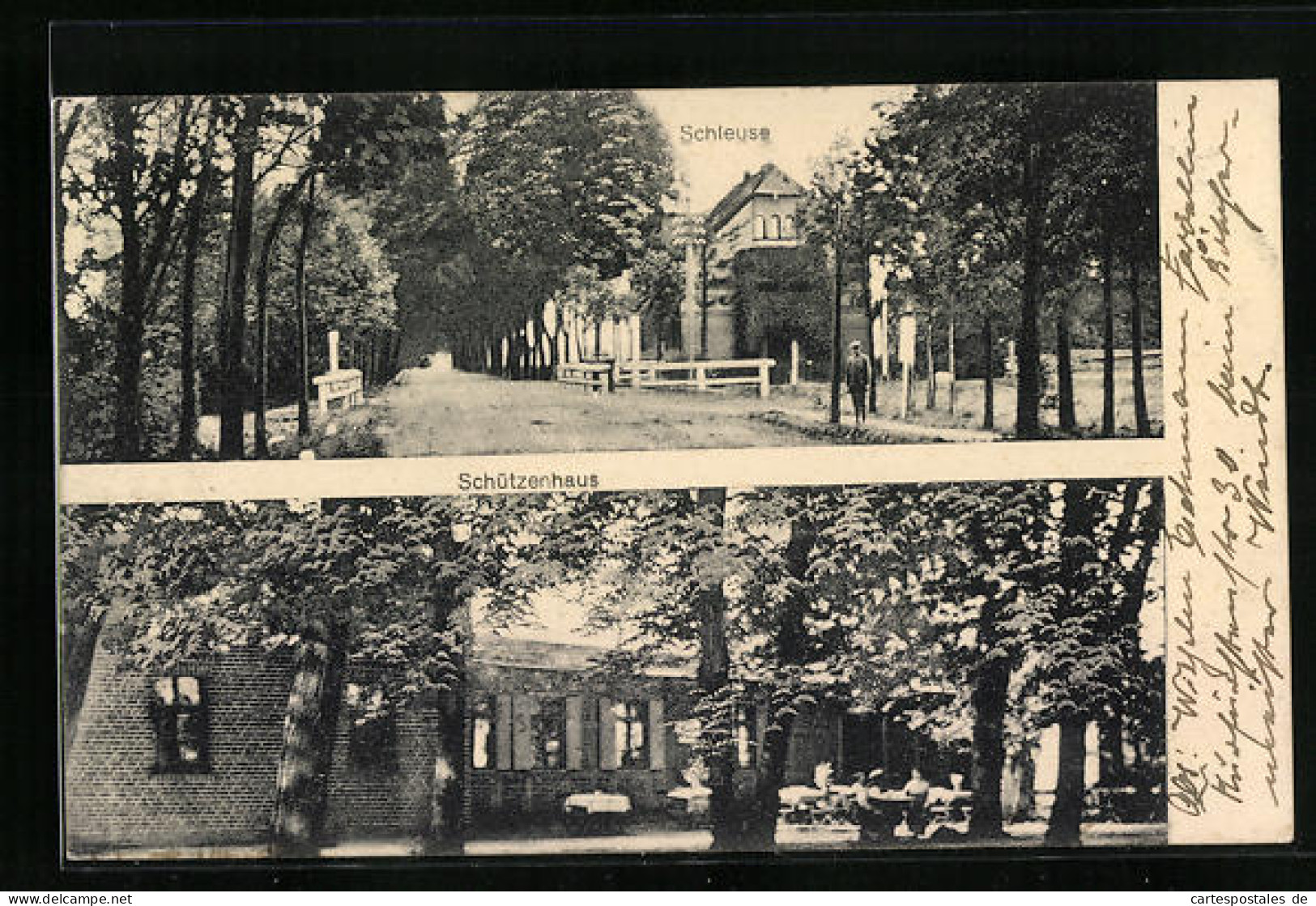 AK Fehrbellin, Schleuse mit Allee und Gasthaus Schützenhaus mit Gästen