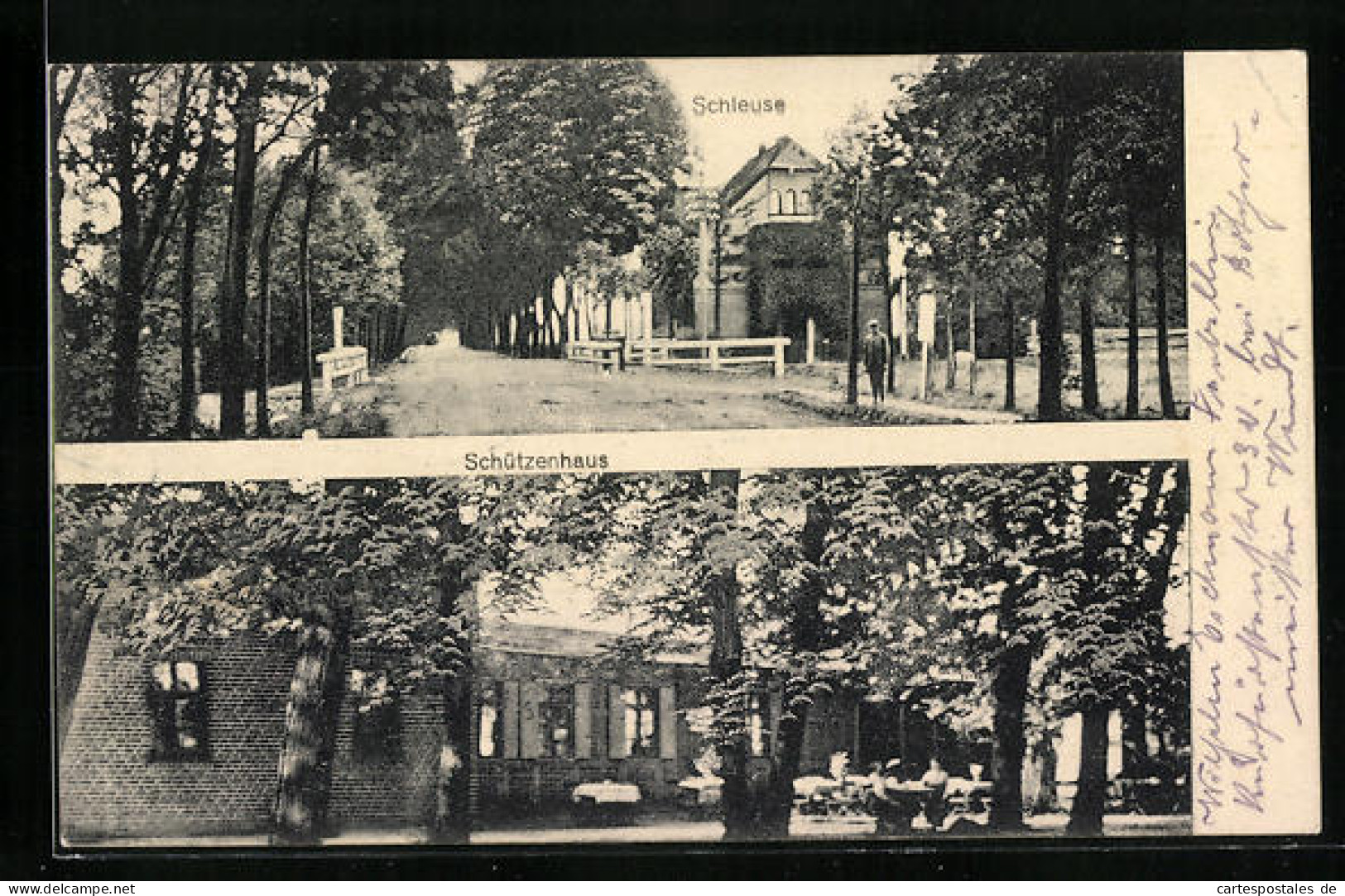 AK Fehrbellin, Schleuse mit Strasse und Gasthaus Schützenhaus mit Gästen