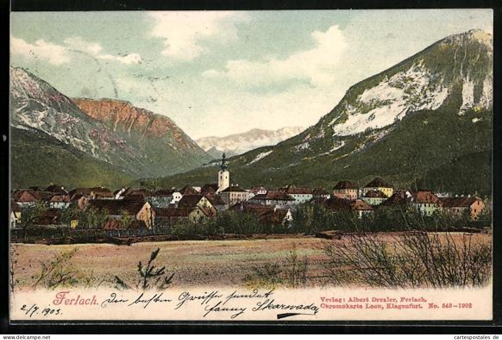 AK Ferlach, Ortspanorama vor Bergkulisse