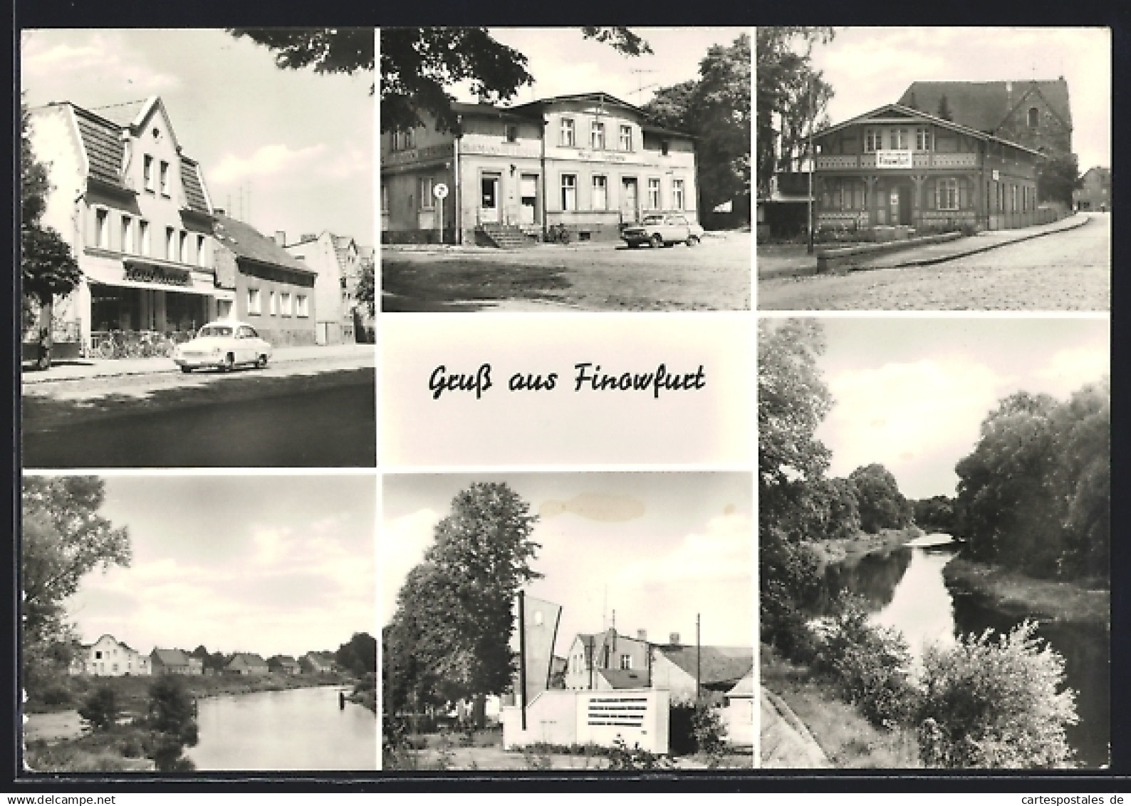 AK Finowfurt, Ortsansichten mit Kaufhaus, Hirsch-Apotheke, Gedenkstätte