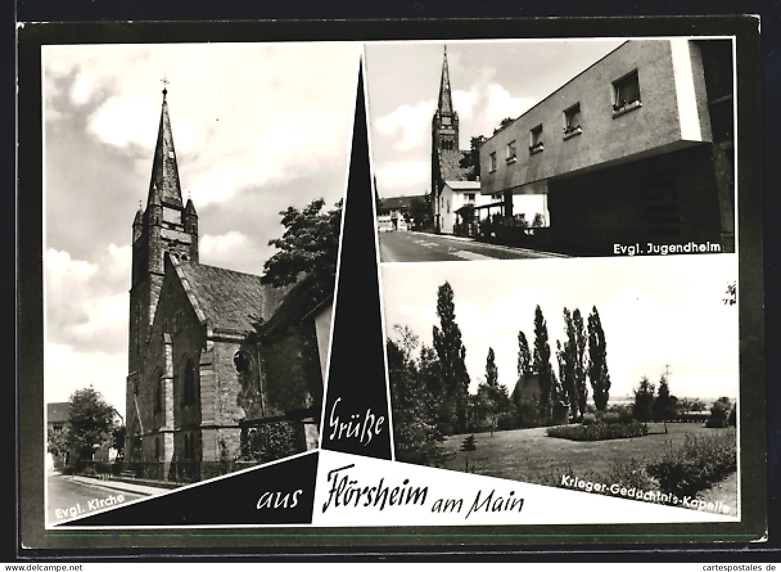 AK Flörsheim a. Main, Evangelische Kirche, Evgl. Jugendheim und Krieger-Gedächtnis-Kapelle