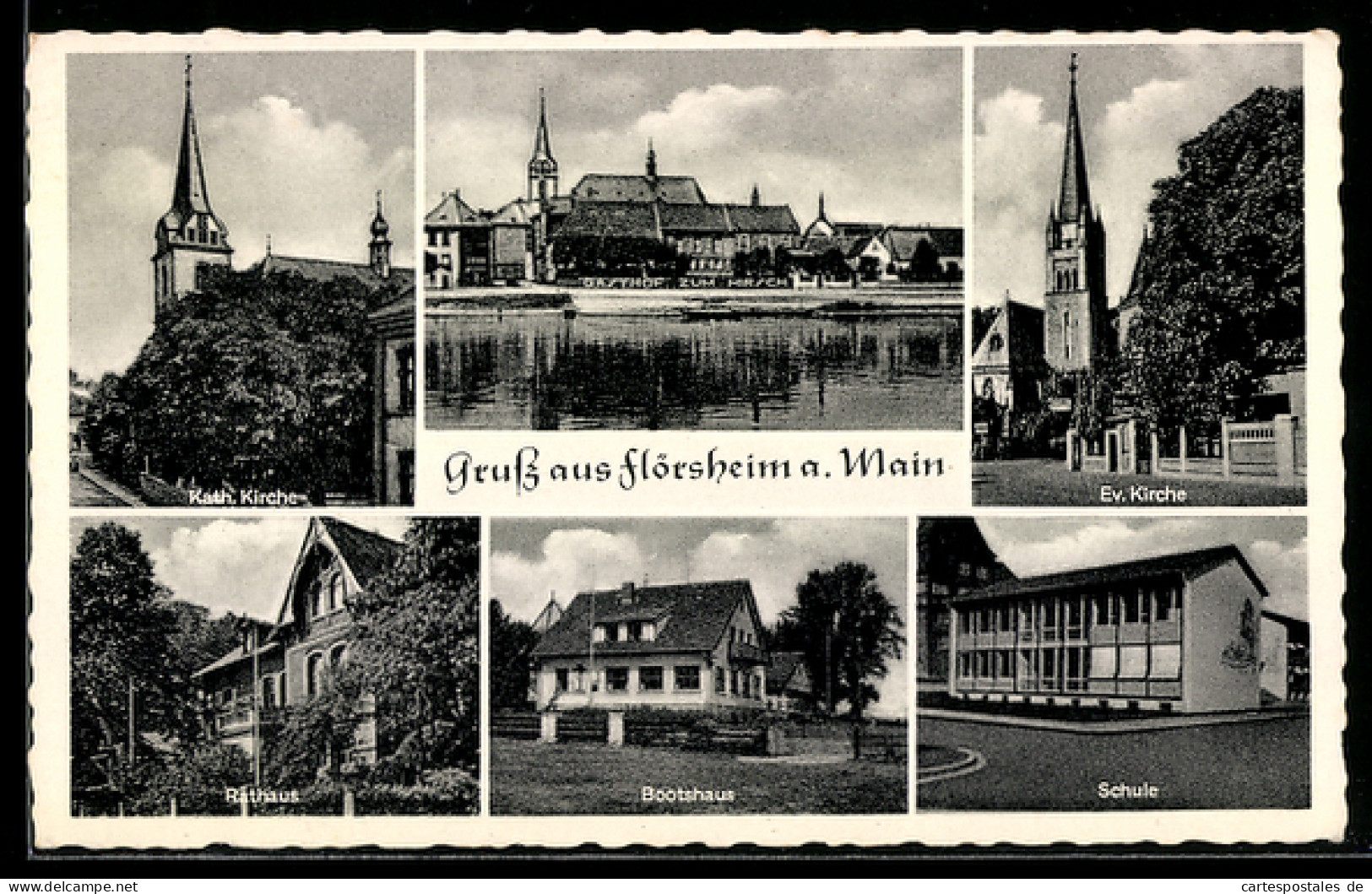 AK Flörsheim a. Main, Kath. Kirche, Ev. Kirche, Rathaus, Bootshaus, Schule