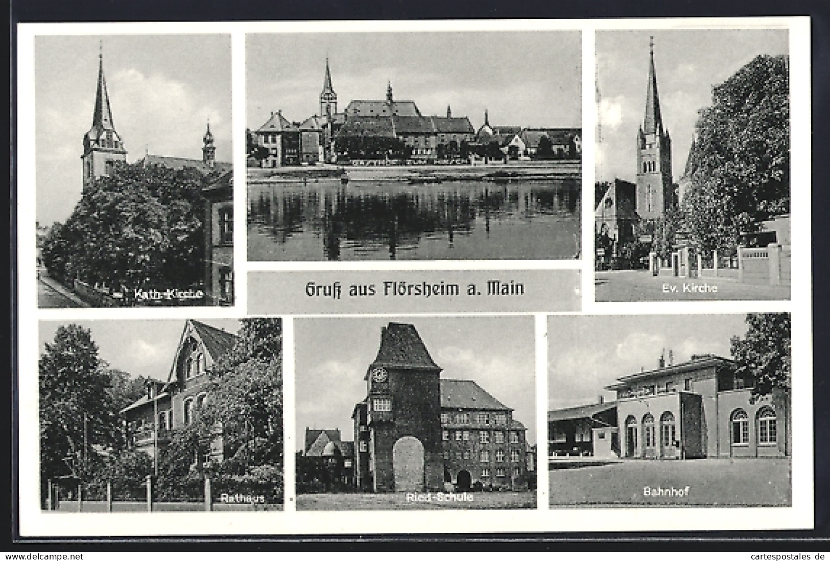 AK Flörsheim a. Main, Kath. Kirche, Ev. Kirche, Rathaus, Ried-Schule, Bahnhof
