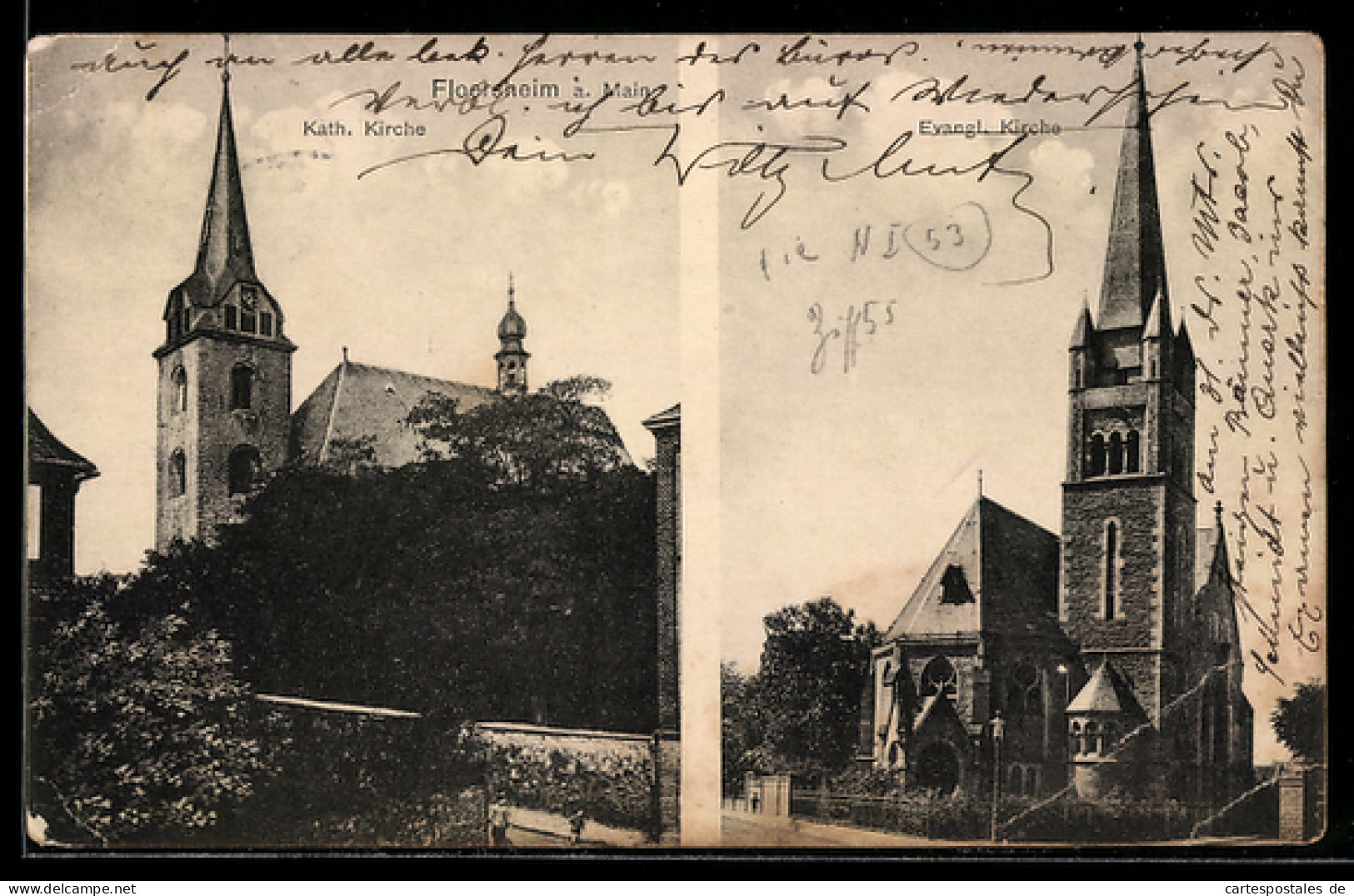 AK Flörsheim a. Main, Kath. Kirche, Evang. Kirche