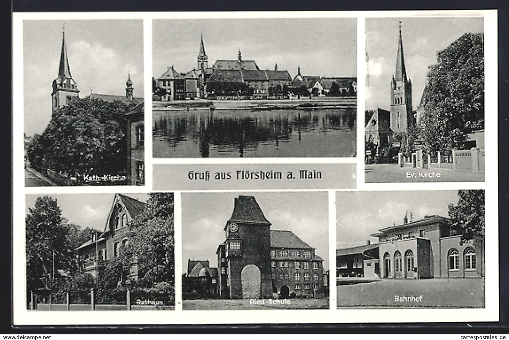 AK Flörsheim a. Main, Kath. Kirche, Rathaus, Bahnhof, Ried-Schule, Ev. Kirche