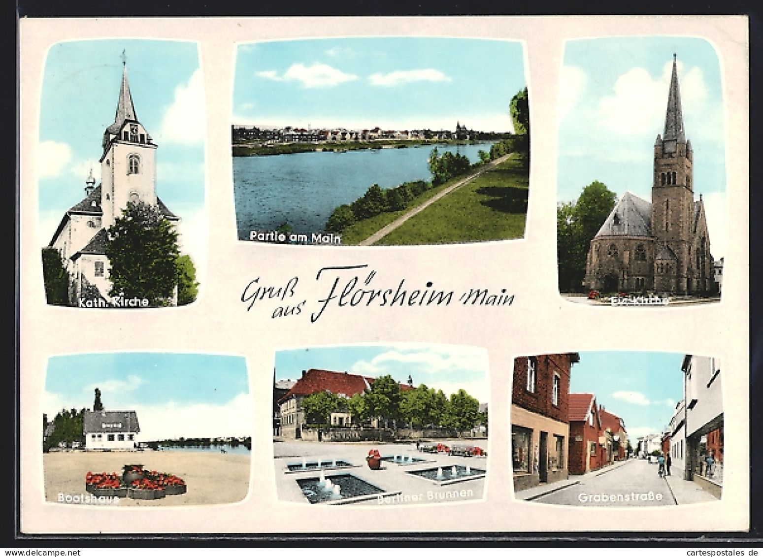 AK Flörsheim / Main, Kath. Kirche, Partie am Main, Ev. Kirche, Bootshaus, Grabenstrasse