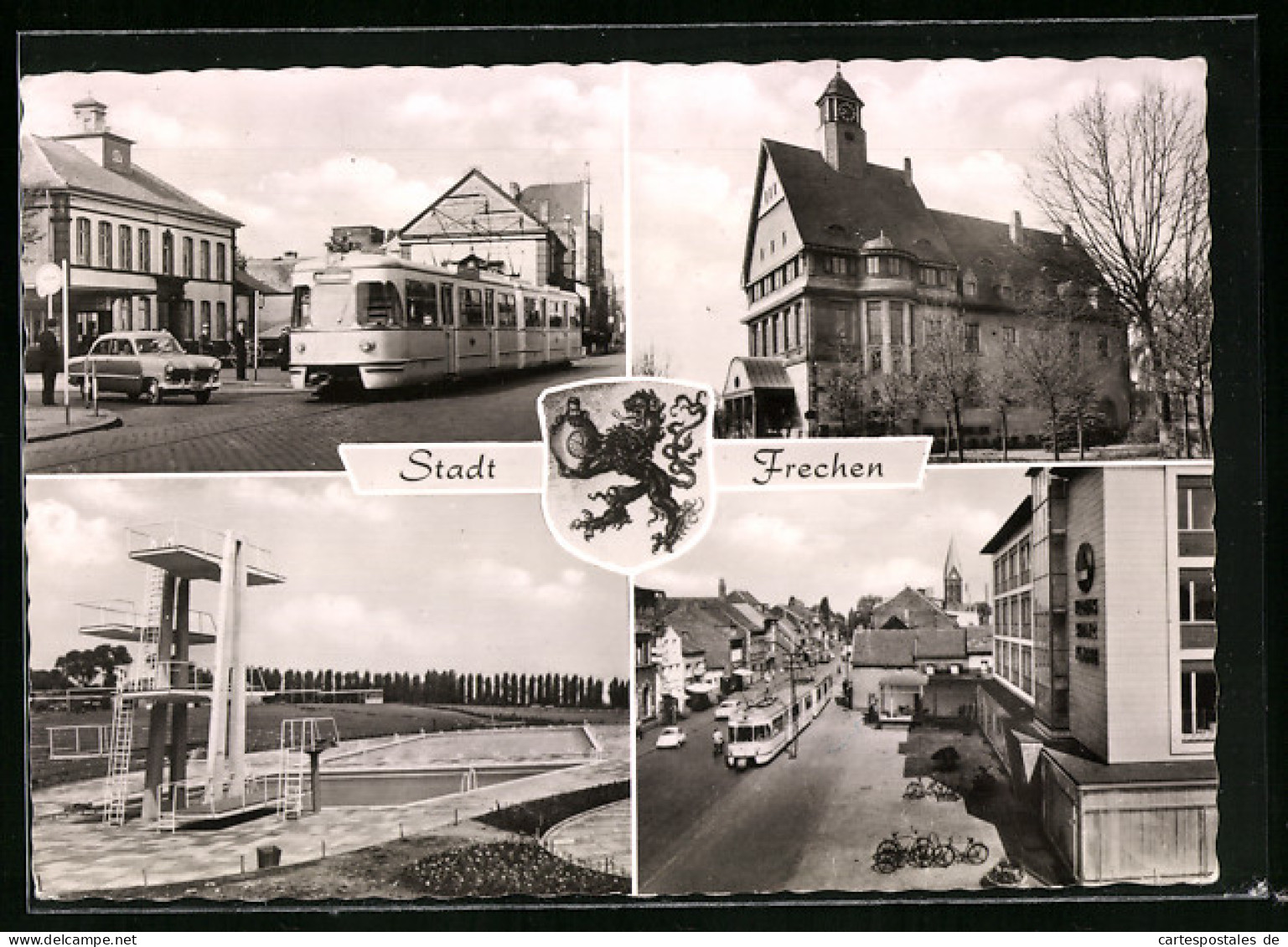 AK Frechen, Hauptstrasse mit Strassenbahn, Rathaus, Schwimmstadion