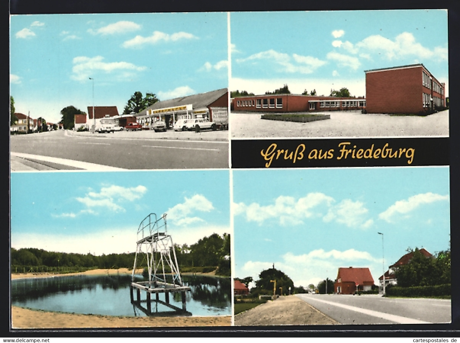 AK Friedeburg / Ostfriesl., Supermarkt, Schule, Freibad, Strassenansicht