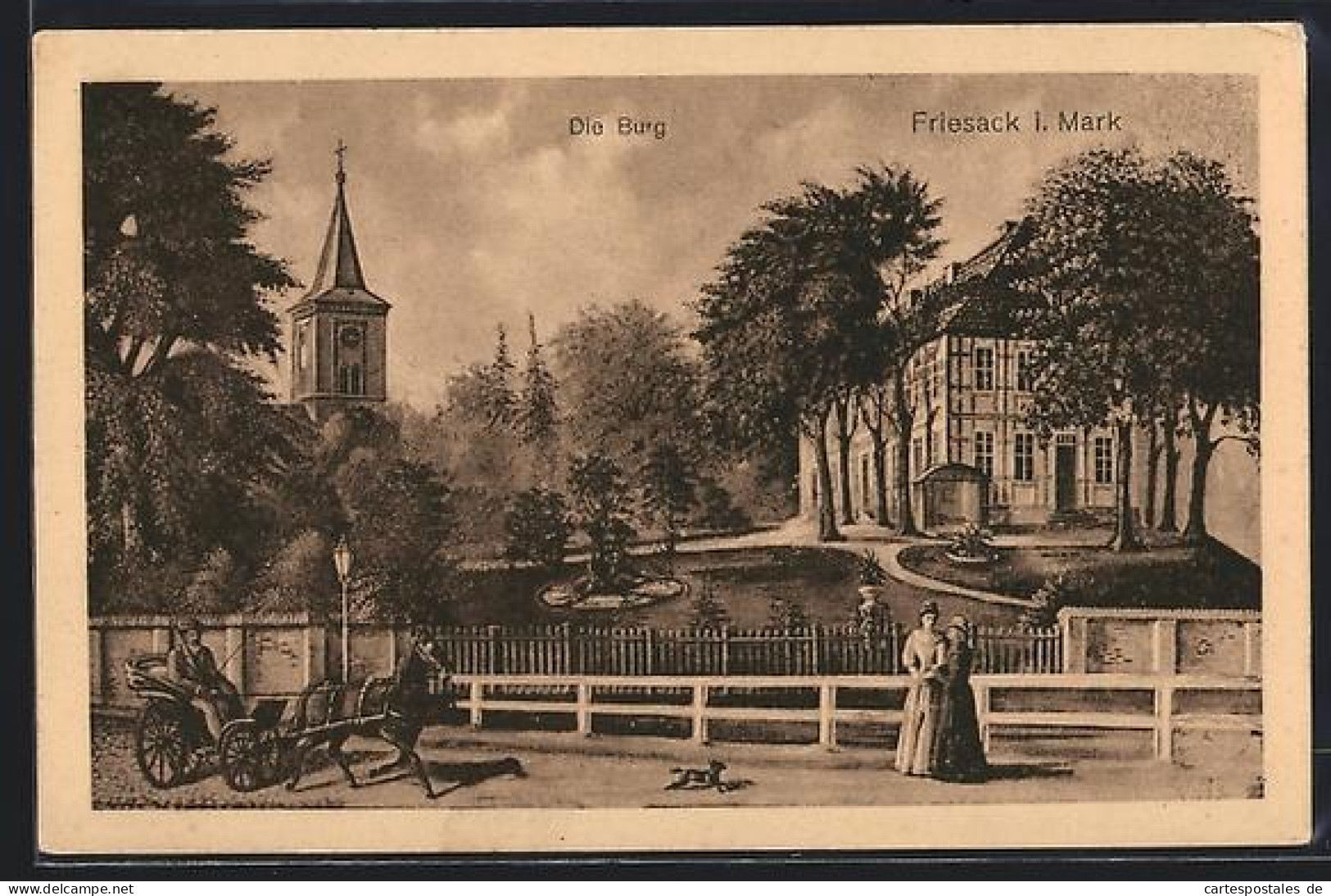 AK Friesack i. Mark, Die Burg, Kutschen und Passanten