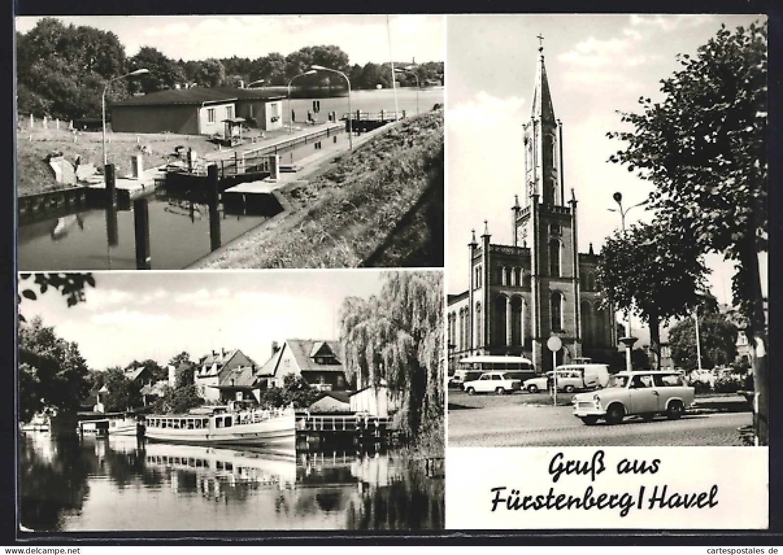 AK Fürstenberg /Havel, Ortsansichten mit Kirche und Schleuse