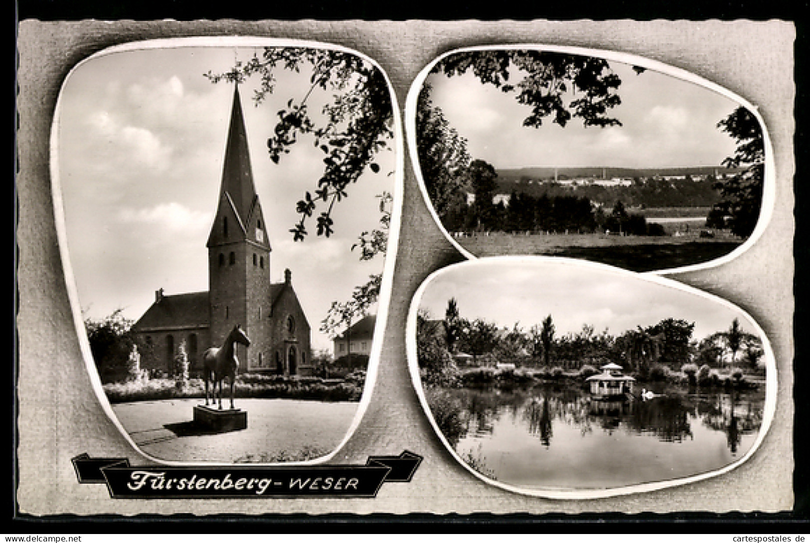 AK Fürstenberg /Weser, Kirche, Landschaft, See mit Bootshaus