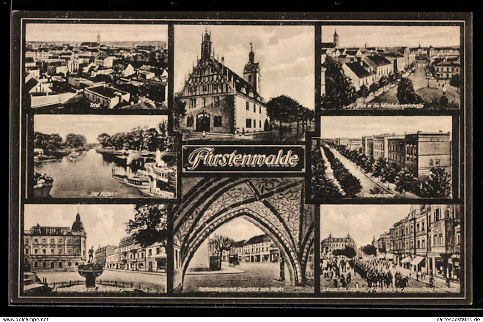 AK Fürstenwalde, Panorama, Hafen, Rathausbogen, Ulanenkaserne & Münchebergerstrasse