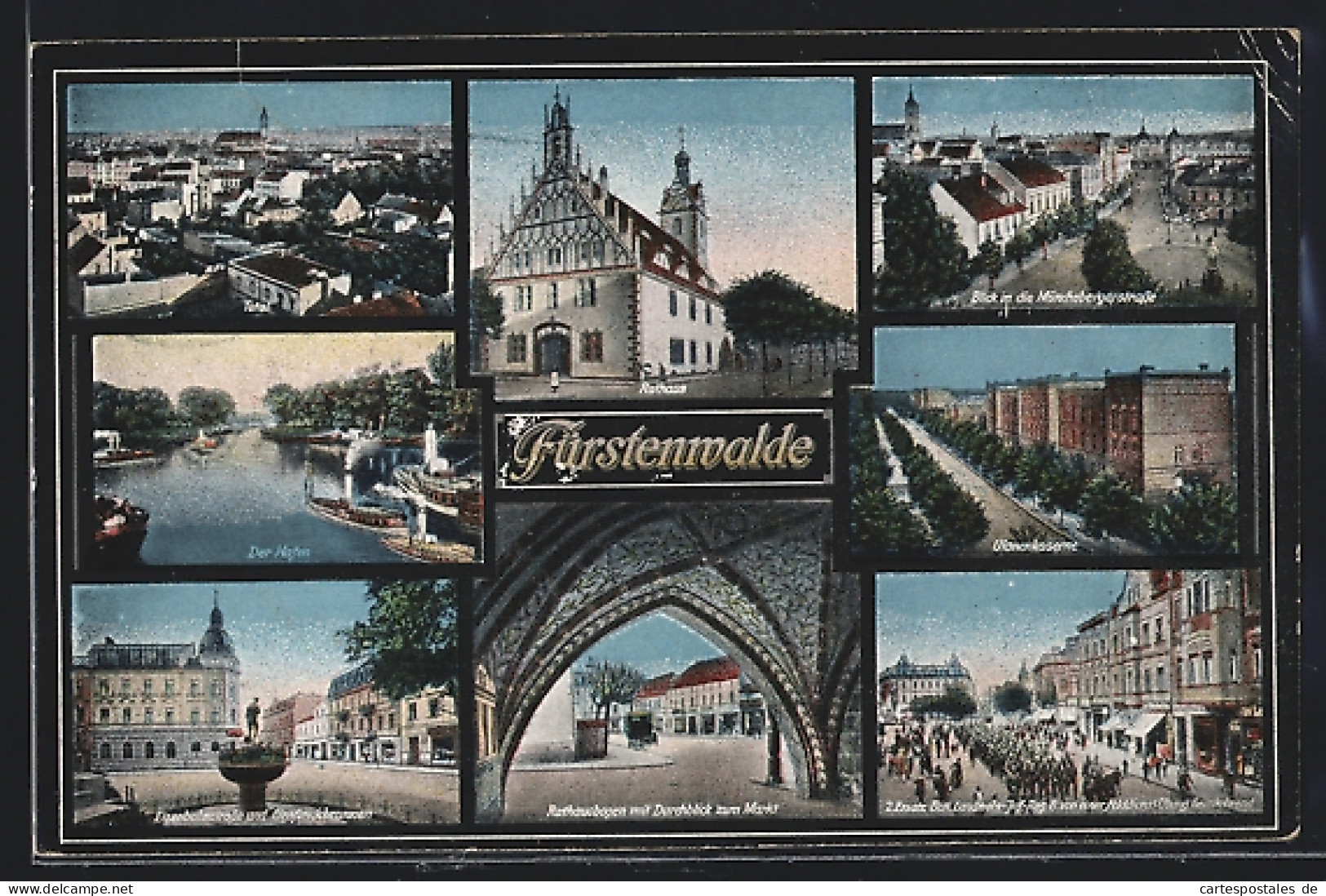 AK Fürstenwalde / Spree, Rathaus, Ulanenkaserne, Münchebergerstrasse, Hafen und Eisenbahnstrasse