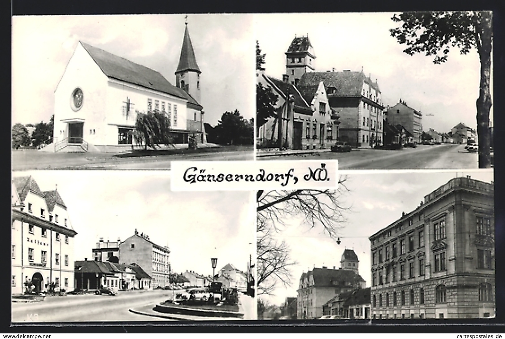 AK Gänserndorf, Kirche, Rathaus an der Strasse, Strassenpartie m. Rathaus