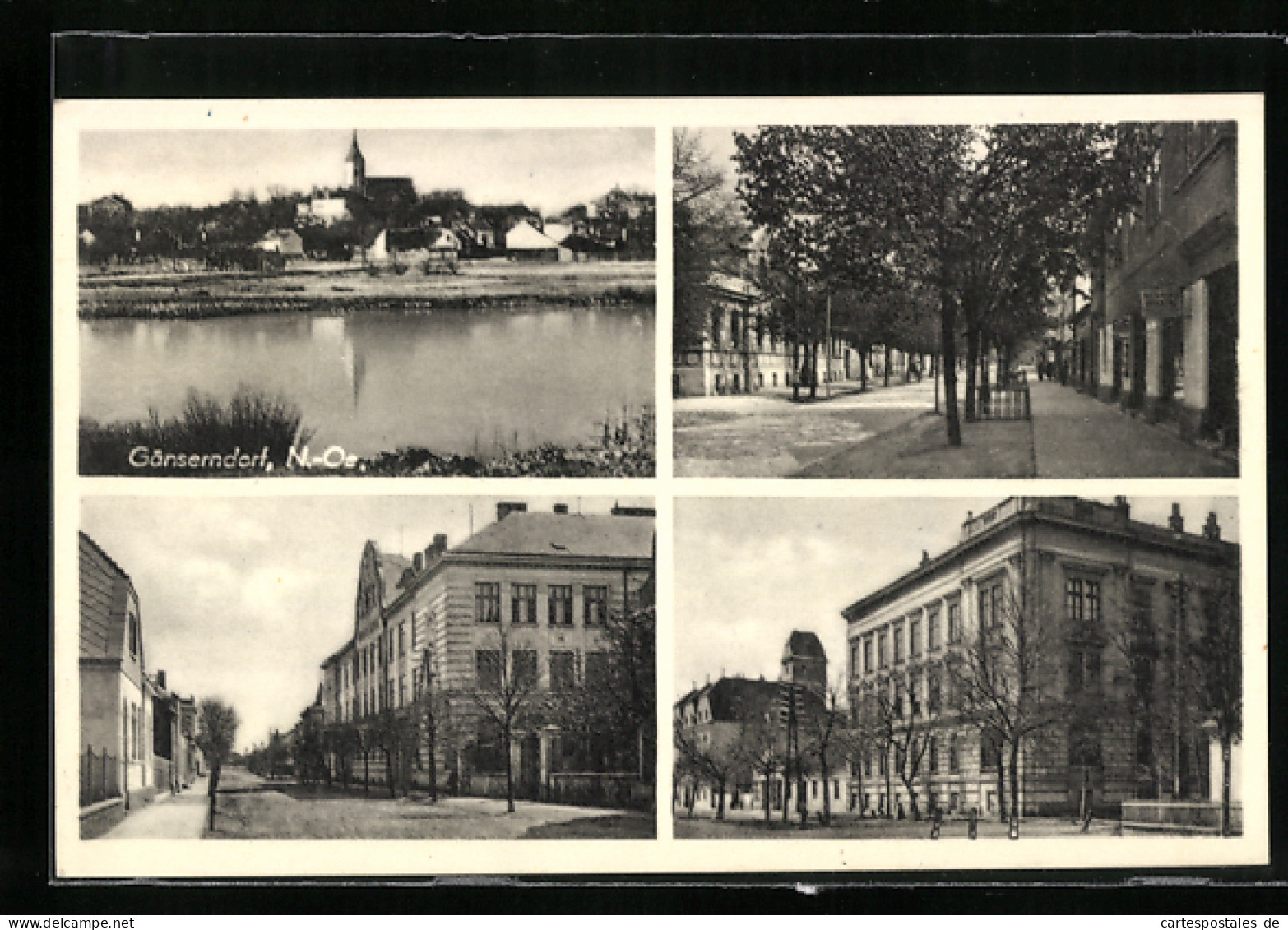 AK Gänserndorf /N.-Oe., Ortsansicht über den Fluss, Strassenpartien