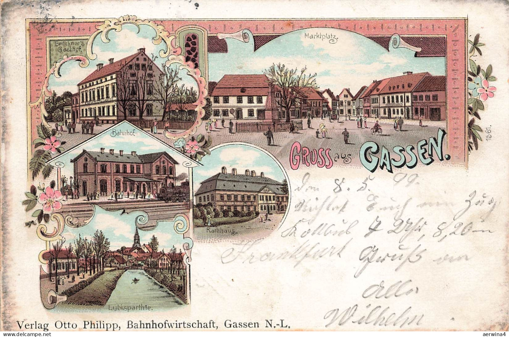 AK Gassen N.L. Lebus Jasień Bahnhof Markt Lubispartie 1899 Postkarte Litho