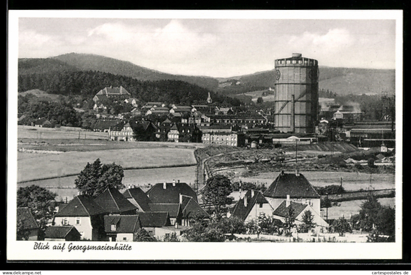 AK Georgsmarienhütte, Ortsansicht mit Gasometer und Werksanlagen