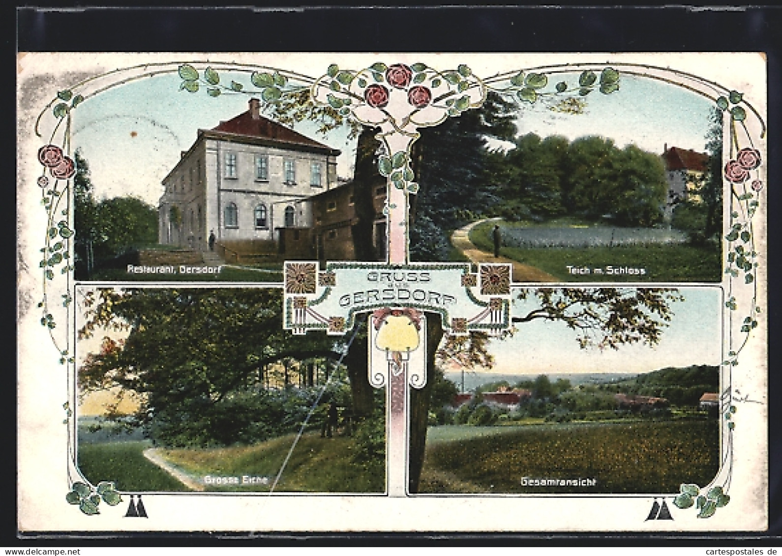 AK Gersdorf, Restaurant, Teich mit Schloss, Grosse Eiche, Gesamtansicht