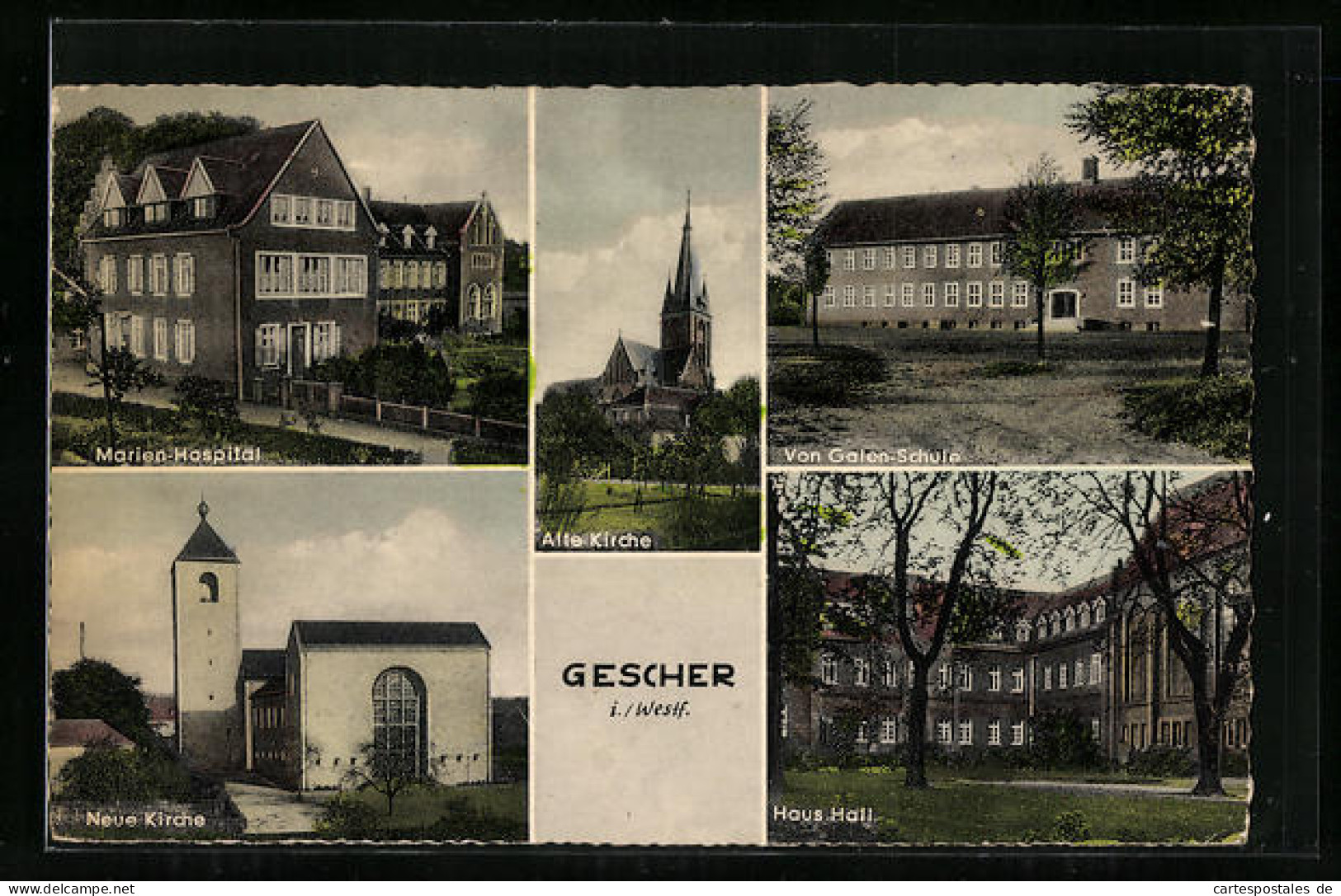 AK Gescher i. Westf., Marien-Hospital, von Galen-Schule, alte Kirche, Haus Hall